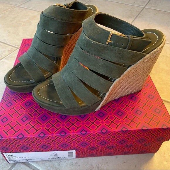 Tory Burch Bailey Multi-Strap Espadrille Wedge 110mm Banana Leaf Suede - Picture 3 of 12